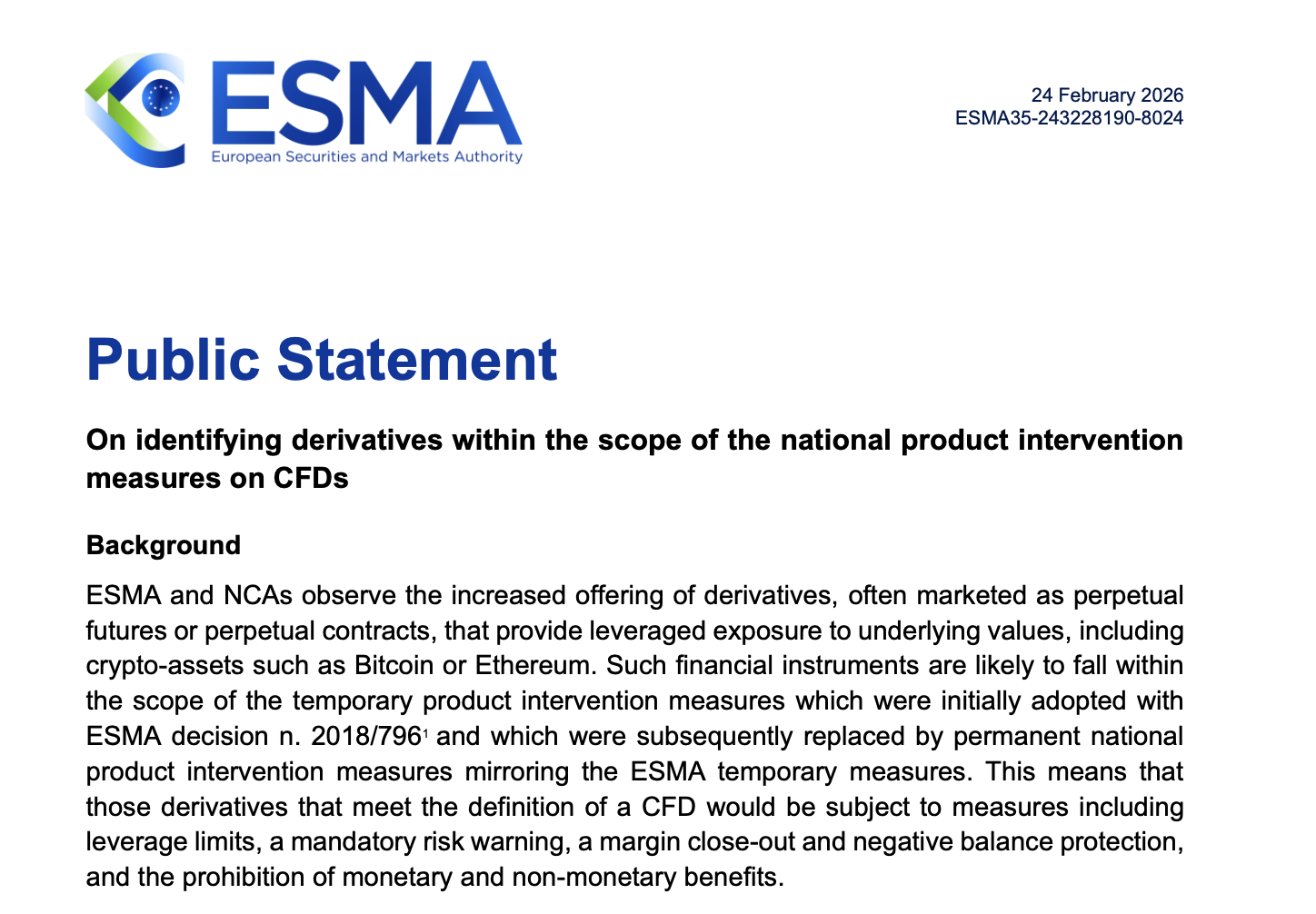 ESMA Issues Stern Warning on Crypto Derivatives and Perpetual Futures Under MiCA Framework