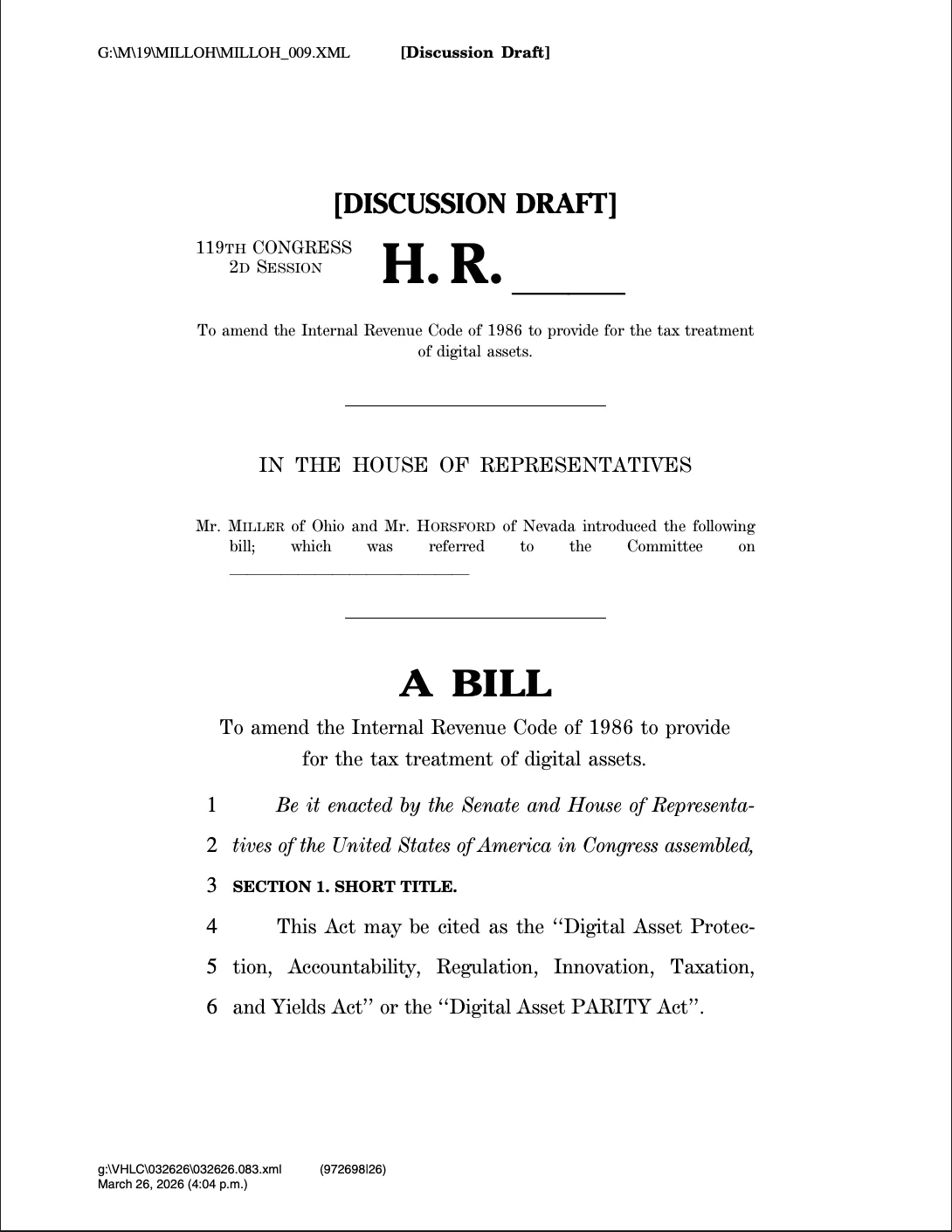 Digital Asset Protection, Accountability, Regulation, Innovation, Taxation, and Yields Act or the Digital Asset PARITY Act