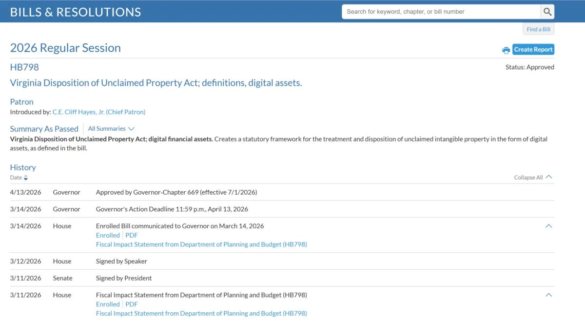 Virginia Enacts Landmark Legislation Integrating Digital Assets into Unclaimed Property Framework with In-Kind Transfer Protections