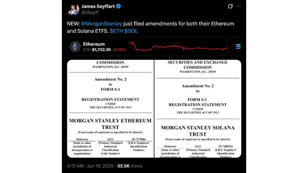 Morgan Stanley Aims to Lead with Ultra-Low Fee and Staking-Enabled Spot Ethereum and Solana ETFs