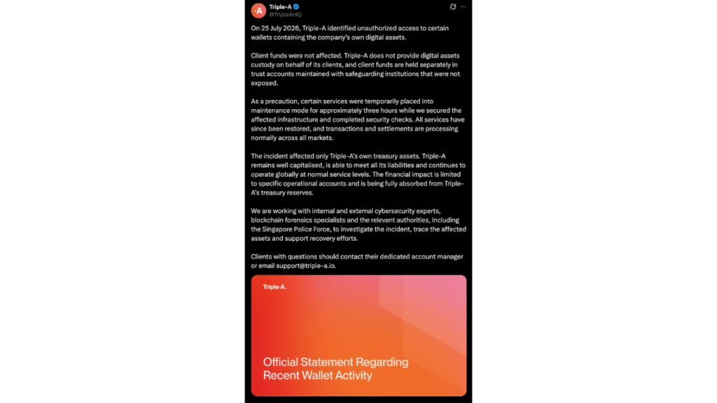 Singapore-Based Crypto Payments Firm Triple-A Confirms Treasury Wallet Breach, Assures Customer Funds Remain Secure