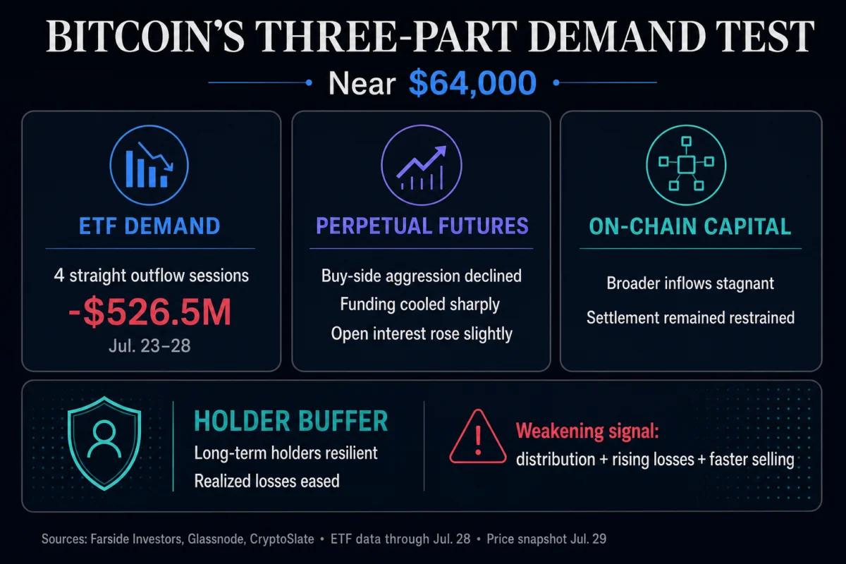 Three key demand drivers stall at once, leaving Bitcoin’s $64,000 support to long-term holders.