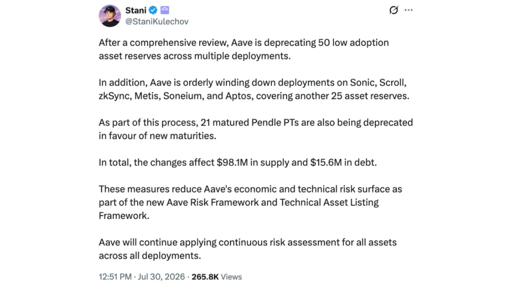 Aave to Retire Six Blockchain Deployments and Dozens of Underutilized Asset Markets in Strategic Consolidation