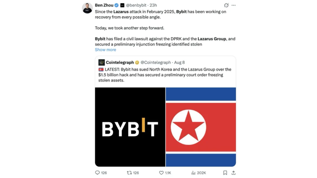 Bybit Sues North Korea and Lazarus Group, Secures Preliminary Injunction to Freeze Stolen Assets in Landmark Crypto Recovery Effort