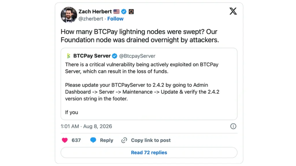 Critical Vulnerability in BTCPay Server Actively Exploited, Leading to Significant Bitcoin Losses on Lightning Network